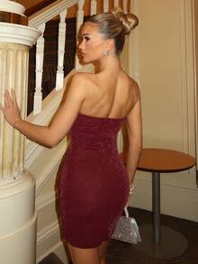 Glamine Charm Vestido mini ajustado de punto metálico burdeos con detalle de nudo delantero, vestido mini elegante y sexy para fiestas de Navidad y Halloween - Negro - Ver 3