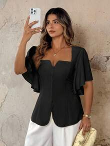Roveilla Blouse élégante de style français pour femmes grandes tailles, de couleur crème jaune, avec col volant, taille cintrée, ourlet évasé, décoration de boutons, manches évasées. Convient pour la plage, le bureau, les festivals de musique, le thé de l'après-midi - Noir - Voir 6