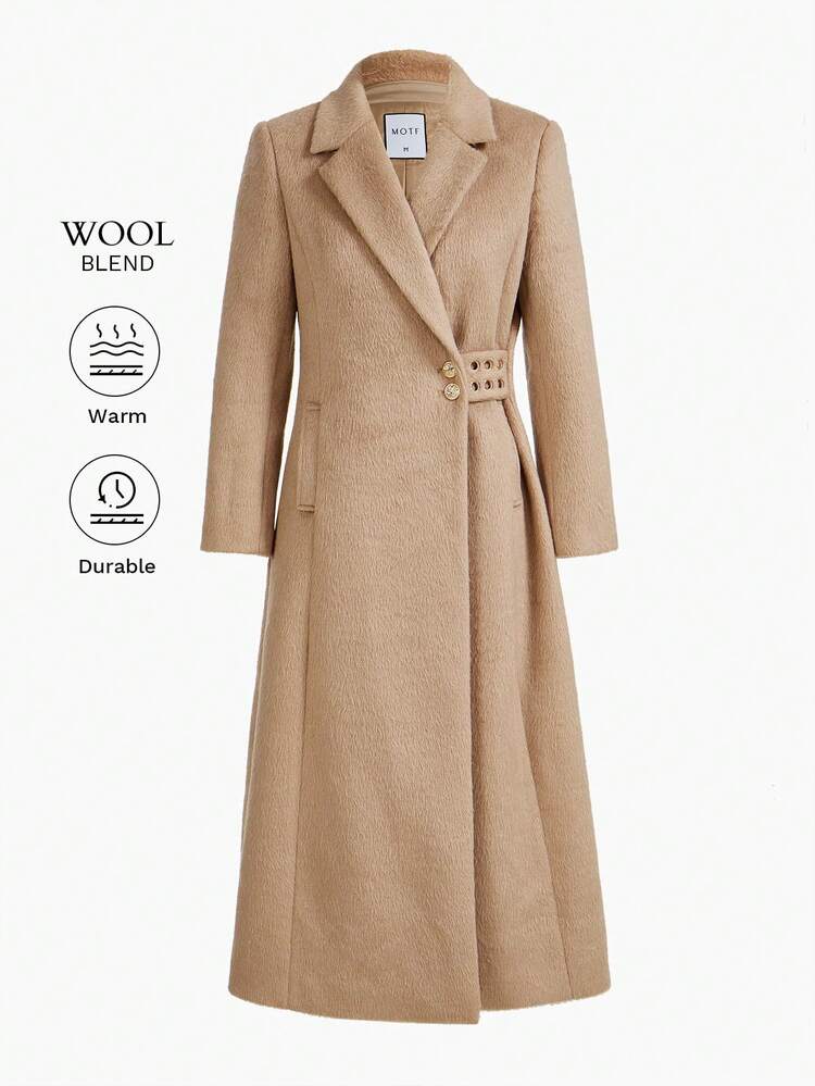 MOTF STUDIO WOOL LAPEL COLLAR SLANT POCKET BUTTON SIDE LONGLINE OVERCOAT FOR AUTUMN/WINTER
