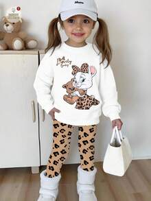 1 Set Young Girls Casual Fashionable Cute Cartoon Leopard Print Bow Rabbit & Bear Pattern Crew Neck Long Sleeve Sweatshirt And Leopard Print Leggings Outfit, Suitable For Outings In Autumn/Winter