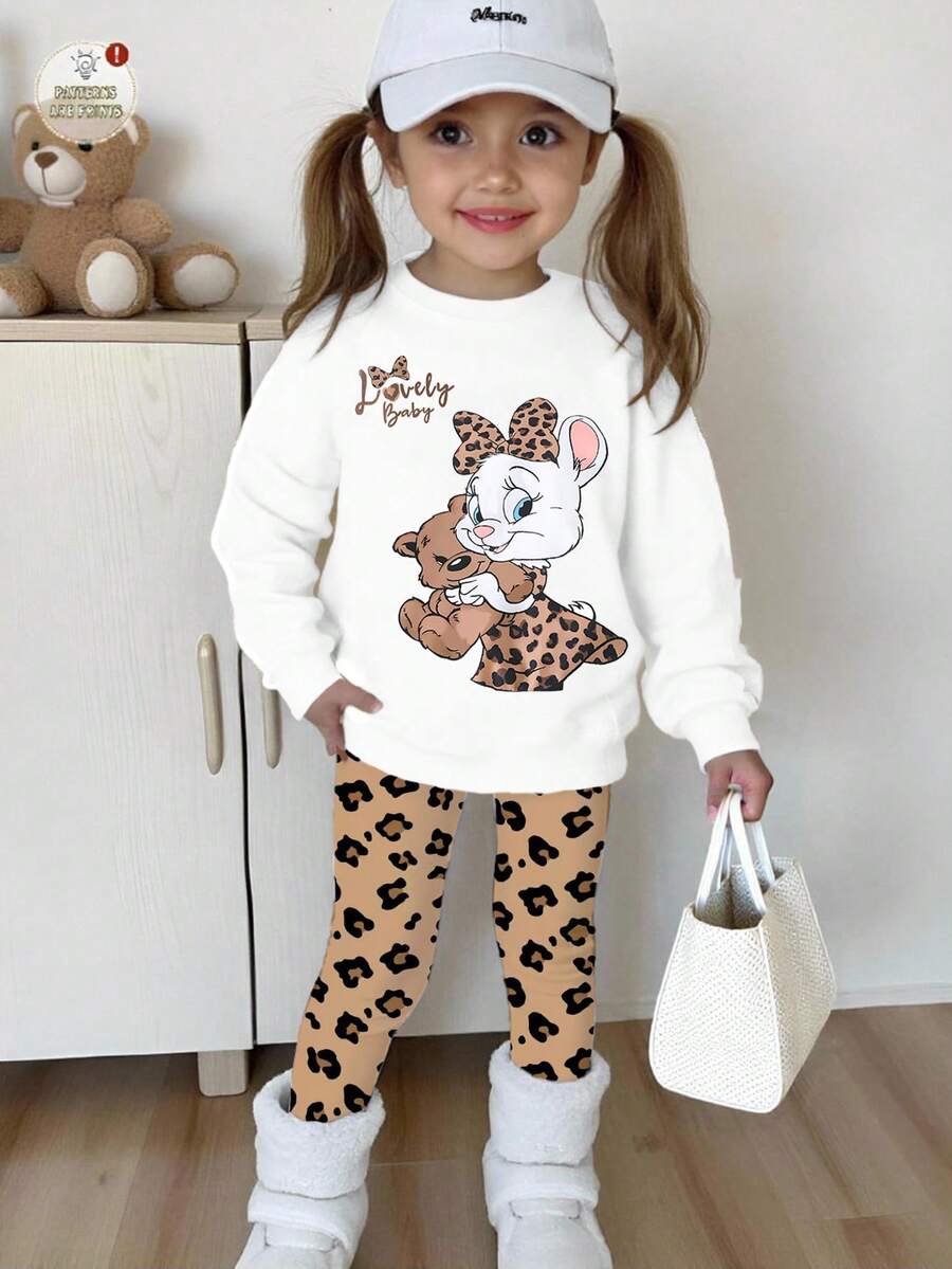 1 Set Young Girls Casual Fashionable Cute Cartoon Leopard Print Bow Rabbit & Bear Pattern Crew Neck Long Sleeve Sweatshirt And Leopard Print Leggings Outfit, Suitable For Outings In Autumn/Winter