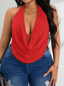 SHEIN PETITE CURVE Bộ đồ liền thân hở lưng phía trước xếp nếp cỡ lớn dành cho nữ - Đỏ - Xem 4