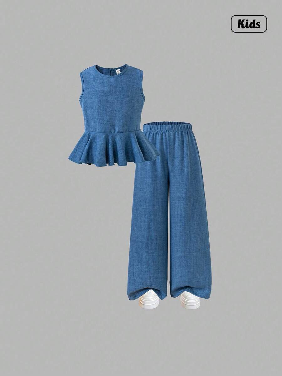 Sweetra 2pcs Girls Sleeveless Ruffle Trim Top And Wide Leg Pants Set, Casual Vacation Daily Outfit