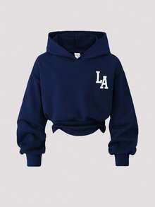 Setelan 2 Potong untuk Anak Perempuan: Sweater Hoodie dan Celana Panjang Rajut Kasual Warna Polos dengan Cetakan Huruf Grafis di Bagian Depan dan Bahu Longgar - Royal Blue - View 3