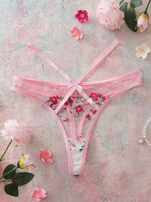 Women's Floral Embroidered Mesh Bow Decor Thong Panties - Pink - View 4