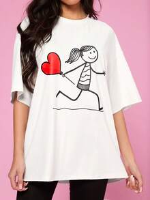 Manfinity VCAY 2pcs/Set Couple's Casual Loose Fit Cartoon Character & Heart Print Short Sleeve T-Shirt - White - View 4