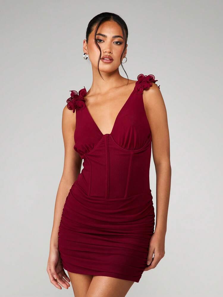 MISSGUIDED Ruffle Shoulder Deep V-Neck Bodycon Mini Dress With Corset Detailing For Party Evening