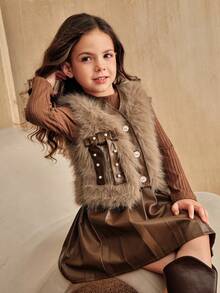 SHEIN Elladie kids 少女棕色针织长袖毛绒蝴蝶结串珠背心外套百褶裙3件套时尚可爱适合春秋冬装 - 鏽棕色 - 查看 1