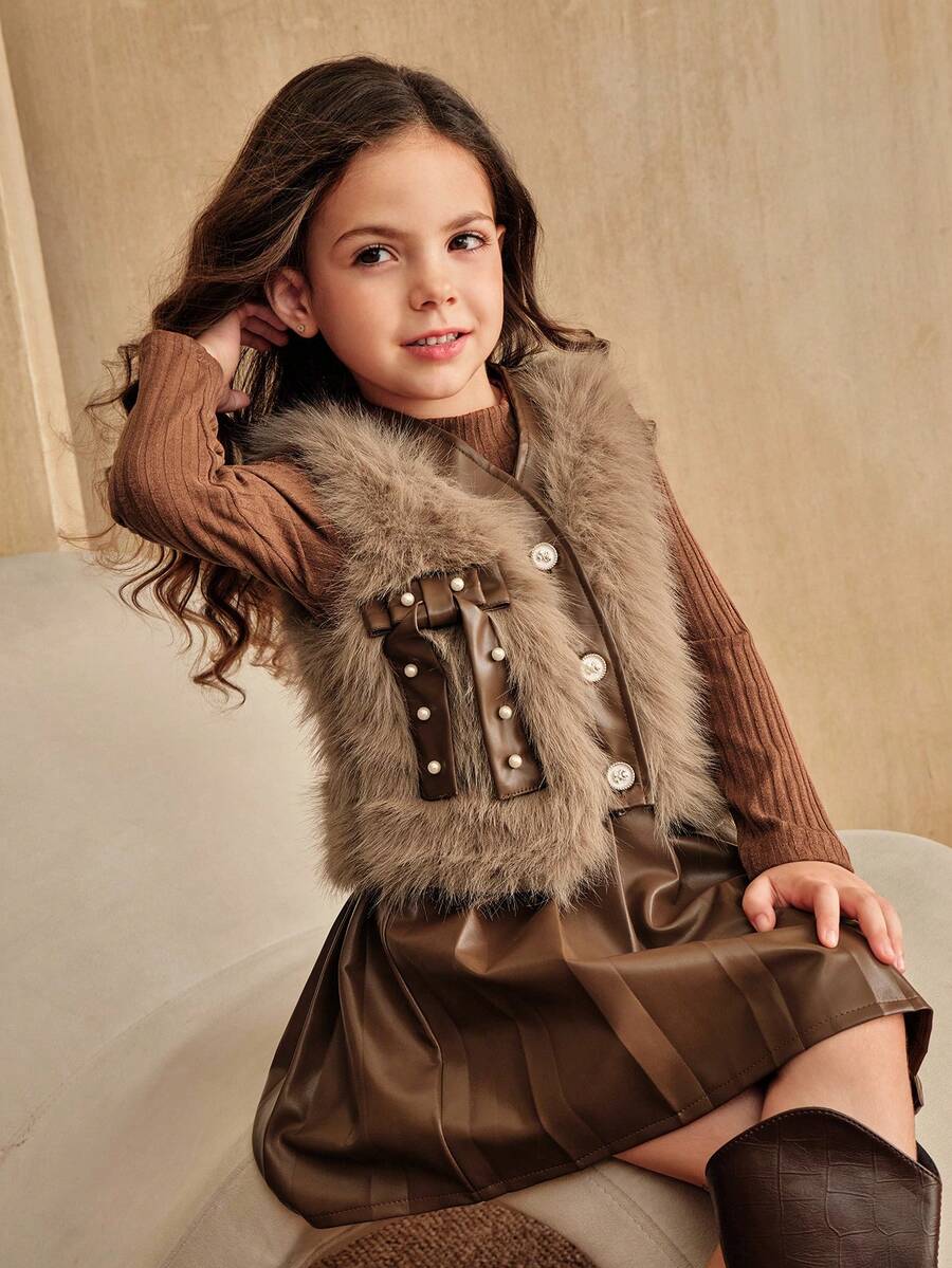 SHEIN Elladie kids 少女棕色针织长袖毛绒蝴蝶结串珠背心外套百褶裙3件套时尚可爱适合春秋冬装 - 鏽棕色 - 查看 1