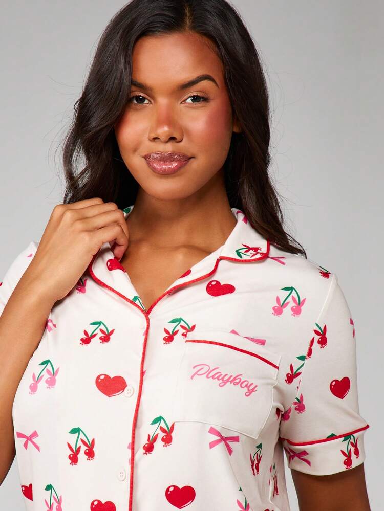Missguided x Playboy Cherry Print Button Up Pajama Set With Hearts And Bows Long Sleeve Sleep Loungewear