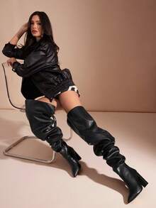 SHUZIA بوت نسائية رائعة من الجلد الاصطناعي الأسود ذات رؤوس مدببة وكعب سميك وساق واسعة مناسبة للرقص والحفلات في فصلي الخريف والشتاء - الأسود - مشاهدة 4