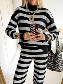 Siren Gaze 2pcs Women Black And White Striped Sweater Set,High Neck Long Sleeve Drop Shoulder Pullover And Pants Suit,Autumn Casual Lounge Knit 2 Pieces Outfit - Multicolor - View 2