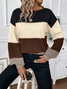 SHEIN LUNE Áo len dài tay cổ tròn phối màu đơn giản dành cho nữ - màu nâu - Xem 6