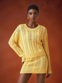 Zivah Winter New Styles, Christmas, New Year, Wedding Season, Valentine's Day, Birthday Parties, Graduation Season, Daily Outings, Basic, Versatile, Casual Vacation, Cruise Travel, Casual Elegance, Commuting, Street European Style, Simple Style, Women's Holiday Outfits, Round-Neck Long-Sleeved Loose Sweater + Mini Skirt, Cut-Out See-Through Woolen Suit, Women's Sweater Two-Piece Set - Yellow - View 9