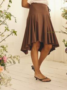 Aralina 女士低腰不对称手帕下摆不对称缝线细节针织棕色半身裙 秋冬简约纯色不对称下摆半身裙 巧克力棕色半身裙 棕色中长半身裙 棕色裹身半身裙 系带腰身可爱度假外出乡村风半身裙 飘逸半身裙 - 棕色 - 查看 4