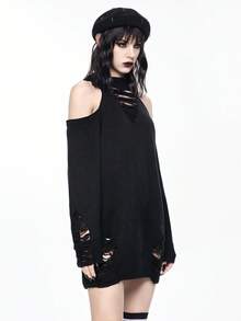 ROMWE Gothic Dark Style Open Shoulder Halter Neck Ripped Midi Dress, Edgy Distressed Design - Black - View 7