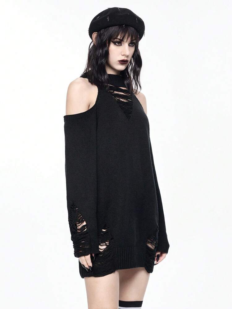 ROMWE Gothic Dark Style Open Shoulder Halter Neck Ripped Midi Dress, Edgy Distressed Design - Black - View 7