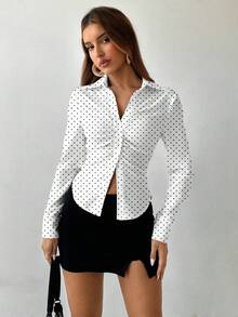 Aloruh 女士秋冬新款办公室通勤日常穿着尖下摆胸前褶皱立领单排扣开襟修身长袖白色衬衫 - 白色 - 查看 5