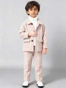 SHEIN 2pcs Young BoyCasual Suit Set - Collared Jacket And Pants - Mocha Brown - View 3