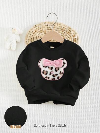 Cozy Pixies Baby Girl Bowknot & Leopard Bear Graphic Round Neck Long Sleeve Pullover Pullover Sweatshirt, Casual Sports Outerwear, Versatile Leopard Toddler Top Girl Baby Girl Clothes Long Sleeve Baby Girl Clothes Spring Fall Baby Girls Sweatshirts Animal Print Clothes Toddler
