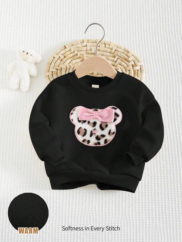 Cozy Pixies Baby Girl Bowknot & Leopard Bear Graphic Round Neck Long Sleeve Pullover Pullover Sweatshirt, Casual Sports Outerwear, Versatile Leopard Toddler Top Girl Baby Girl Clothes Long Sleeve Baby Girl Clothes Spring Fall Baby Girls Sweatshirts Animal Print Clothes Toddler