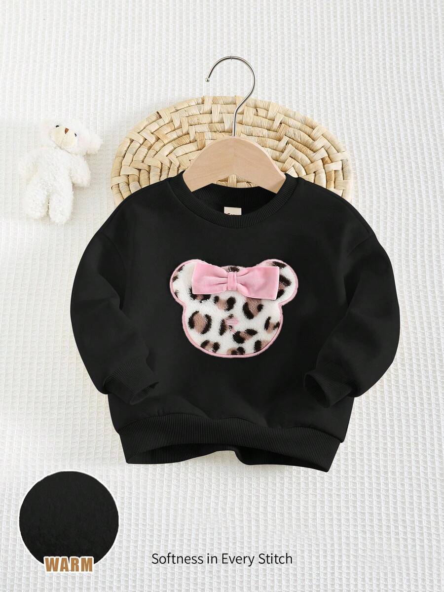 Cozy Pixies Baby Girl Bowknot & Leopard Bear Graphic Round Neck Long Sleeve Pullover Pullover Sweatshirt, Casual Sports Outerwear, Versatile Leopard Toddler Top Girl Baby Girl Clothes Long Sleeve Baby Girl Clothes Spring Fall Baby Girls Sweatshirts Animal Print Clothes Toddler - Black - View 1