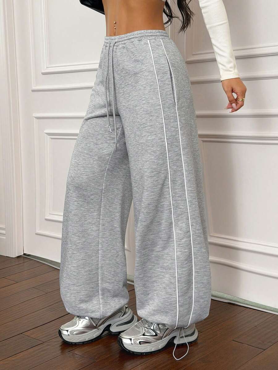 SHEIN PETITE Women's Fall/Winter Minimalist Basic Daily Wear Streetwear Casual Sportswear French Grey Baggy Low Rise Wide Leg Sweatpants - Grey - View 1