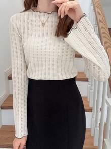 FRIFUL 女士镂空纹理喇叭袖撞色滚边长袖T恤 - 白色 - 查看 4