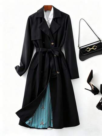 Écloséra Fransk retro marinblå randig trenchcoat med snörning, originalt tyg, bälte i midjan, sneda fickor, långärmad för dam, höst/vinter, med kontrasterande fjärilstryck i fodret