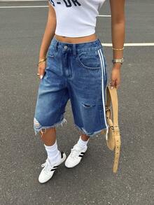 SHEIN ICON Shorts vaqueros de pierna ancha desgastados y lavados de manera casual para mujer - Azul lavado oscuro - Ver 1