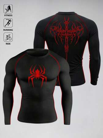 Manfinity Sport Polished Winter Men's Casual Spider Print Round Neck Long Sleeve Slim Fit Athletic T-Shirt, Autumn Mens Compression Tops Long Sleeve Compression Shirt