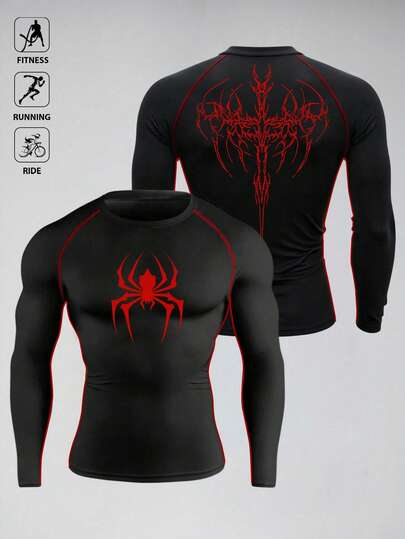 Manfinity Acti Log Winter Men's Casual Spider Print Round Neck Long Sleeve Slim Fit Athletic T-Shirt, Autumn Compression Tops Long Sleeve Compression Shirt Compression Shirt Men