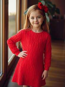 SHEIN 年轻女孩休闲纹理宽松圆领连衣裙，秋季 - 紅色 - 查看 6