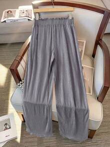 EMERY ROSE Quần ống rộng xếp ly màu bạc dệt kim cỡ lớn cho nữ, thường ngày, thoải mái, dự tiệc, thu đông - Bạc - Xem 2