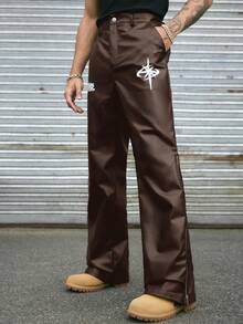 AXEPEAK Men's Fashion Zipper Design PU Leather Loose Pants - Brown - View 3