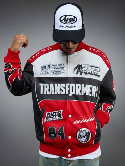 Transformers X SHEIN Áo khoác dài tay có khóa kéo họa tiết chữ màu dành cho nam