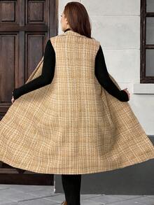 EMERY ROSE Plus Size Women's Autumn/Winter Pocket Plaid Lapel NeckLong Vest Jacket - Khaki - View 2