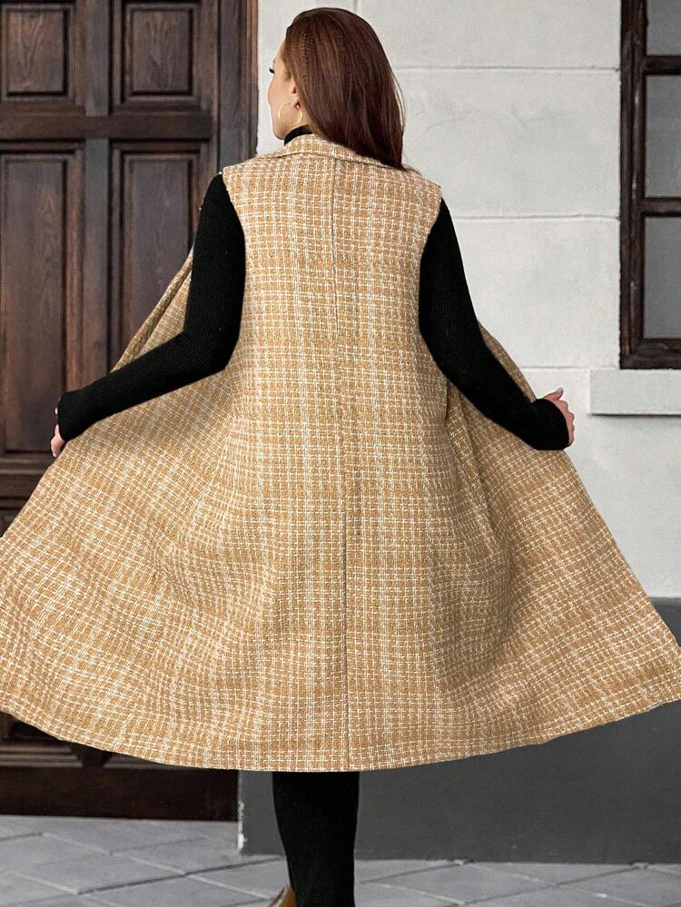 Plus Size Women's Autumn/Winter Pocket Plaid Lapel NeckLong Vest Jacket