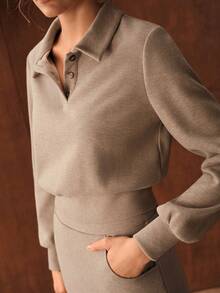 MOTF PREMIUM 罗纹长袖上衣和鱼尾裙 - 卡其色 - 查看 2