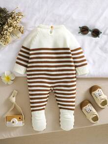 SHEIN 1pc Newborn Striped Crew Neck Long Sleeve Romper, Casual & Minimalist Design - Coffee Brown - View 7