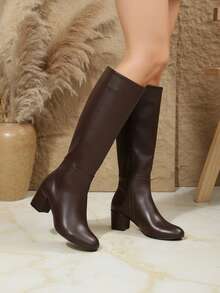 Mujer bota alta cuero sintético punta redonda cremallera tacón medio elegante otoño invierno diario - Marrón Chocolate - Ver 2