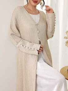 SHEIN Najma V领纽扣纹理面料肩部覆盖长袖女式长袍 - 杏色 - 查看 1