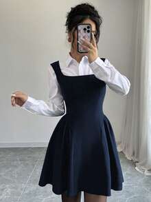 Elenzga Váy nữ mới, cổ vuông không tay dáng chữ A, viền nhún, vải co giãn cao, màu trơn, kiểu dáng trẻ trung, thời trang, mặc đi làm & thường ngày, ôm eo đa năng, phù hợp mặc vào mùa xuân, hè, thu, đông, váy kiểu Ý thanh lịch và tinh tế - Xanh đậm - Xem 7