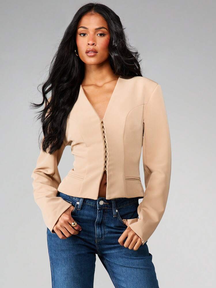 MISSGUIDED Women Fitted Hook And Eye Blazer Long Sleeve Professional Business Jacket Fall Winter Office Wear