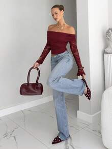 Siren Gaze Women's Christmas Chic Red Off Shoulder Long Sleeve Lace Ruched Fitted Fashion T-Shirt, Sexy Party Top Winter New Year Burgundy Red Top,Christmas Spring Valentine's Day Casual - Burgundy - View 6