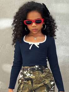 Coolane Kids Maglietta da donna aderente con fiocco in stile balletto, semplice e alla moda, adatta per uso casual e quotidiano, abbigliamento autunnale per ragazze pre-adolescenti - Blu Navy - Visualizzare 4