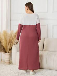 Lacomfia Váy len Waffle họa tiết khối màu cho nữ, cài nút vai, tay dài, dáng rộng thanh lịch cỡ lớn - Đỏ và trắng - Xem 2