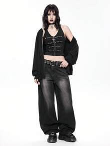 ROMWE Grunge Punk Distressed Spiderweb Embroidered Oversized Flare Women Jeans - Black - View 2