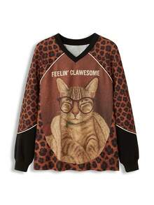 Y2Kool Maria Clara Maia 女士豹纹拼接撞色猫咪Y2K街头风V领长袖宽松休闲卫衣，适合秋冬季派对、聚会和日常穿着。Ahs风格猫咪衬衫，动物印花Grunge Gyaru图案上衣，动物印花衬衫，春季女士生日礼物，嘉年华礼物。 - 彩色 - 查看 4