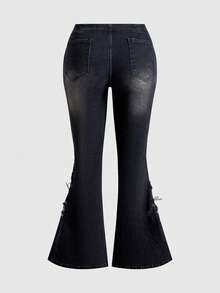 ROMWE Grunge Punk Y2K Baddie 镂空孔眼系带装饰加大码修身喇叭牛仔裤 - 深灰色 - 查看 2